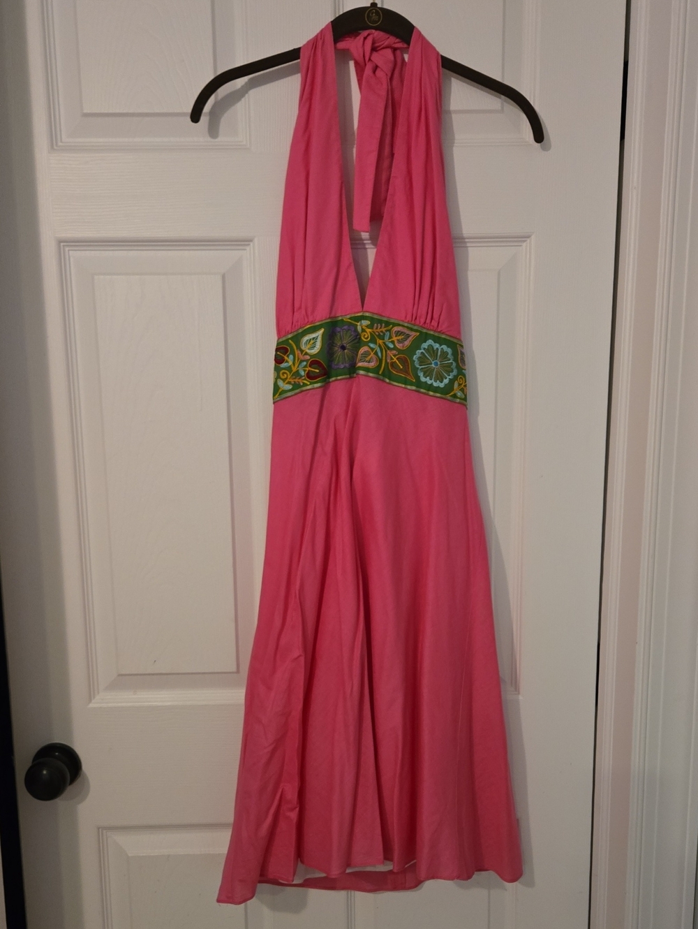 Taylor Dresses Pink Halter Mini with Embroidered Green Waistband